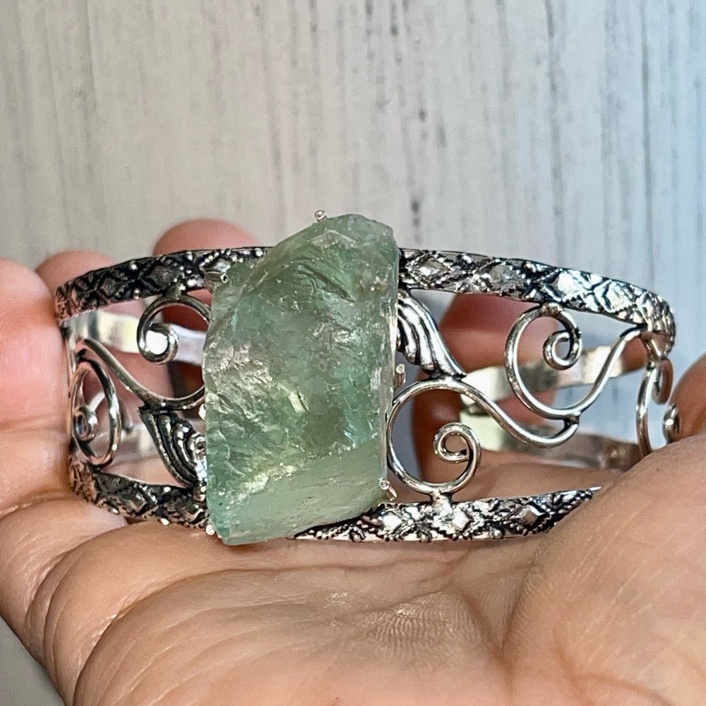 Translucent Green Rough Fluorite Cuff- Adjustable - Picture 8 of 9
